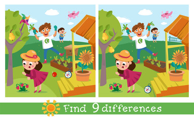 Find 9 differences. Game for children. Cute family in garden. Cartoon character. Vector illustration. 