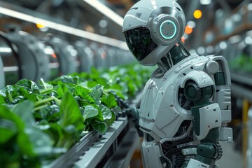 Fototapeta premium an AI robot stands at the conveyor line for packaging greens in factories