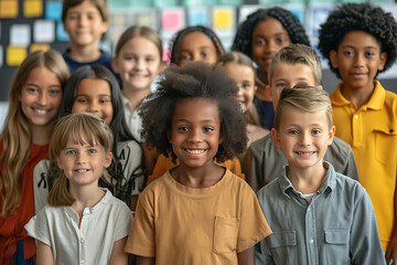 Happy diverse junior school students children group looking at camera standing in classroom. Smiling multiethnic cool kids boys and girls friends posing for group portrait together