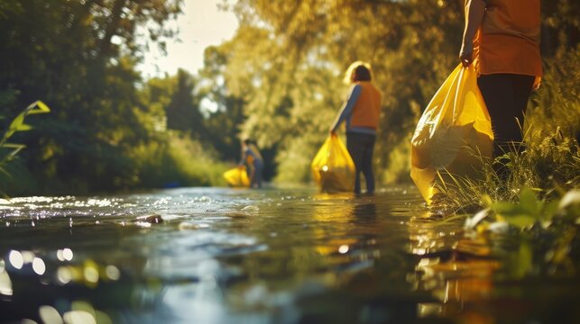 Volunteers Cleaning Up Litter in a Forest Stream