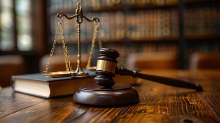Law Books and Gavel on Wooden Table