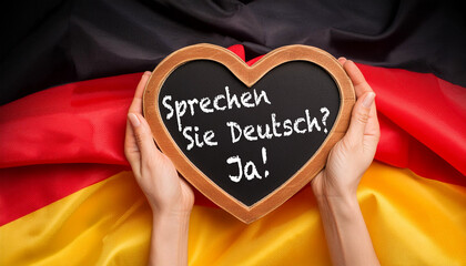 Close-up of two hands holding a heart-shaped blackboard with wooden frame and question, Do You Speak German? and Yes! (Sprechen Sie Deutsch? and Ja!). Against a German flag. Generative Ai.