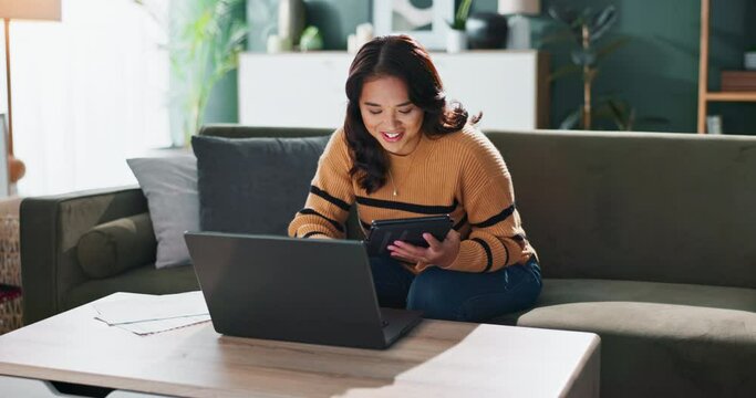 Woman, tablet and smile on sofa for smart home setup or installation with laptop for network connection. Happy, female person and computer on couch for tech sync, link or web app authentication