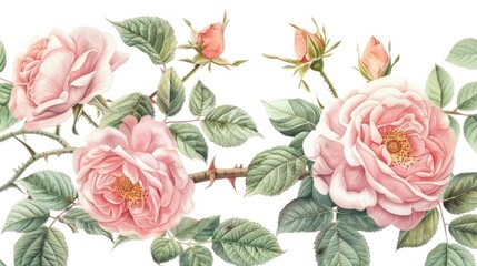 Arrange watercolor elements featuring a garden collection of delicate pink roses and peonies alongside leaves and branches in a botanical illustration set against a white background A buddi