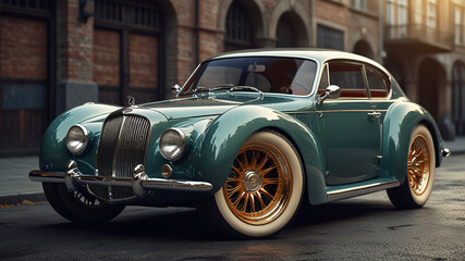 Classic Car on Blue color stand with front and side view in old city background