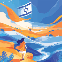 Israeli Flag in Idyllic Landscape: Flat Illustration with Girl and Scenic View
