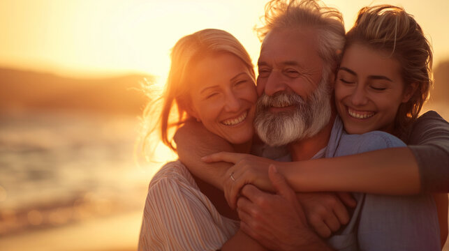 Three generations of family members posing together on a beach at sunset, the golden hour casting a warm glow on their faces as they embrace. Dynamic and dramatic composition, with