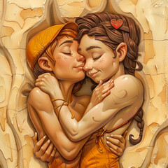 Cartoon Caricature of Two Lovers.  Generated Image.  A digital illustration of two cartoon caricatures lovers in a hug.