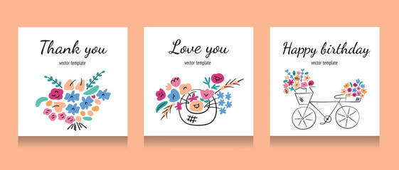 Greeting cards with flowers composition, square templates with copy space, vector arrangement with flower basket, floral bouquet, valentine or birthday card set, gift for womens day, mothers day