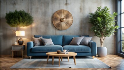 minimalist Blue velvet sofa with grey pillows and blanket near venetian stucco wall with tree cross-section as wall decor. Tree stump round coffee table on grey rug. 