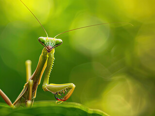 A detailed macro shot of a green praying mantis in a predatory stance, with sharp eyes and antennae, set against a blurred green background.