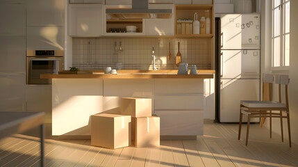 General view of kitchen with moving boxes on countertop and floor in kitchen : Generative AI - Powered by Adobe