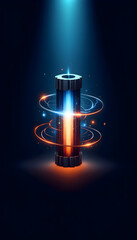 Concept of Advanced Technology and Innovation: Futuristic High-Tech Battery or Energy Core with Glowing Aura, Dynamic Light Trails, and Floating Particles in Dark Background for Data Transmission