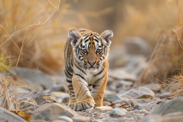 A baby tiger is walking on a rocky path