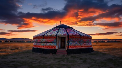Mongolian yurt on the grassland at sunset.