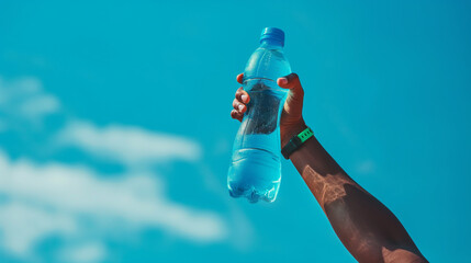 A vibrant photograph of a person holding a water bottle aloft in triumph after completing a challenging workout, their victory celebration underscored by the importance of rehydrat