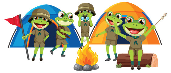 Frogs enjoying a fun camping trip
