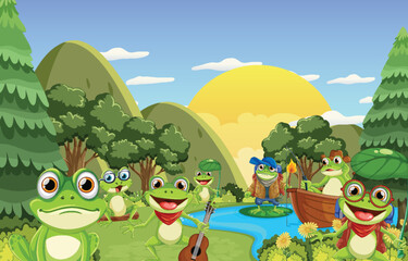 Frogs in nature with mountains and river