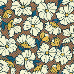 Retro daisy pattern. Floral seamless background. Liberty template for fashion prints. Polka Dots Wallpaper. Orange, blue and Yellow Colors