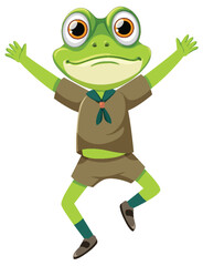 Cheerful frog wearing a scout uniform jumping