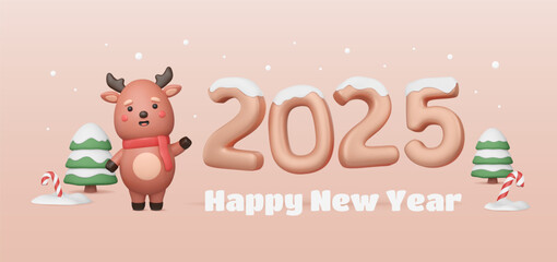 2025 New Year banner. Cute 3d deer waving his hand. Christmas trees and candy canes. Snowy bubble numbers, cartoon baby reindeer. Vector illustration. Holiday background with happy animal.