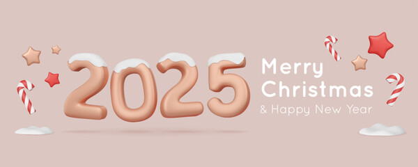 2025 3d numbers with snow, bubble stars and floating candy canes. Merry Christmas and Happy New Year horizontal banner template. Vector illustration in minimalistic style.