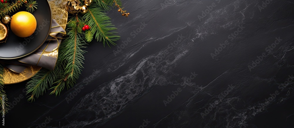 Poster top view of a christmas table setting on a black stone background the elegant arrangement includes a