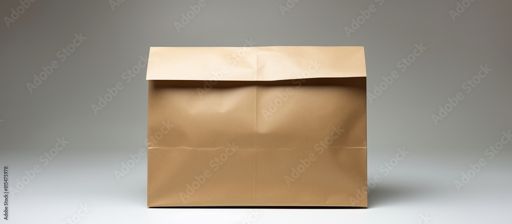 Poster A solitary brown paper bag with empty space surrounding it set against a plain white background. Creative banner. Copyspace image