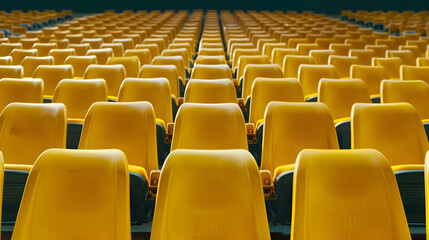 Obraz premium seats of tribune on sport stadium empty outdoor arena concept of fans chairs for audience cultural environment concept color and symmetry empty seats modern stadium yellow tribunes : Generative AI