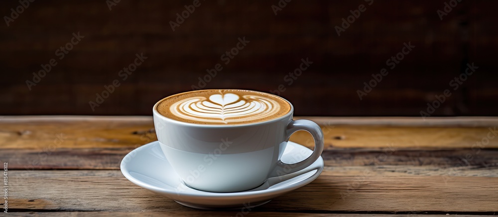Poster a latte coffee sits on a wooden table with a copy space image available