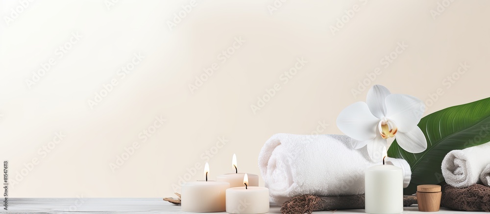Poster copy space image of spa treatment products on a white paper background providing ample room for text