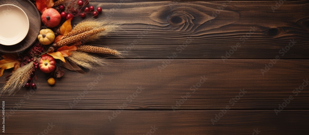 Wall mural copy space image of a thanksgiving table setting with cutlery on a wooden background evoking the war