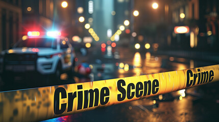 yellow crime scene  law enforcement tape with police car on blur city street background 