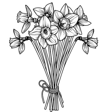 recommend clip art: Bouquet of daffodils blooming with long stems flowers and leaves illustration clip art coloring book black and white for kids and adults isolated line art on white background.