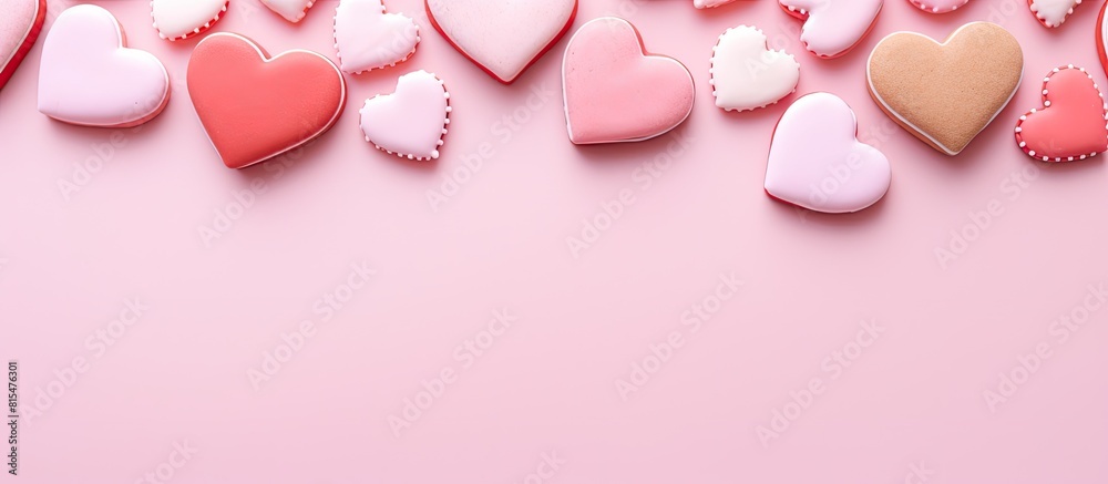 Poster a valentine s day composition featuring heart shaped cookies displayed on a pastel pink background t