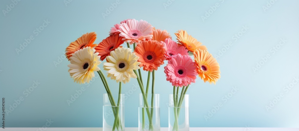 Poster A stunning arrangement of vibrant gerbera flowers sits gracefully in a vase on a white marble table set against a soft light blue backdrop Ample space is available for adding text to the image