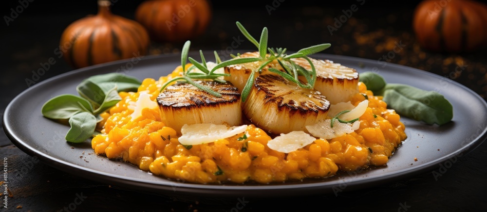 Poster A copy space image of risotto with pumpkin and scallops presented on a rustic stone background