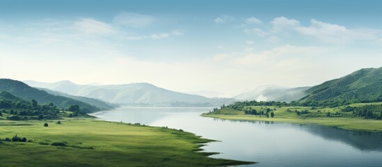 A scenic view of a hill line with a river below providing ample copy space for an image