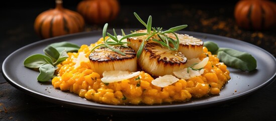 A copy space image of risotto with pumpkin and scallops presented on a rustic stone background
