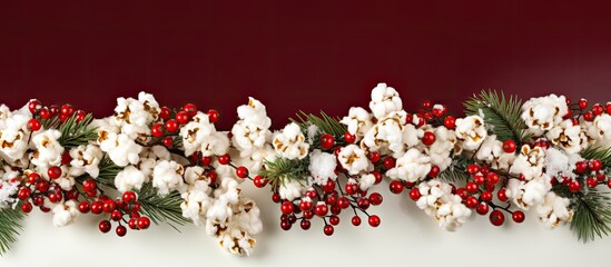 Horizontal border with a festive winter holiday theme featuring a traditional handcrafted popcorn garland adorned with red cranberries Perfect for copy space image