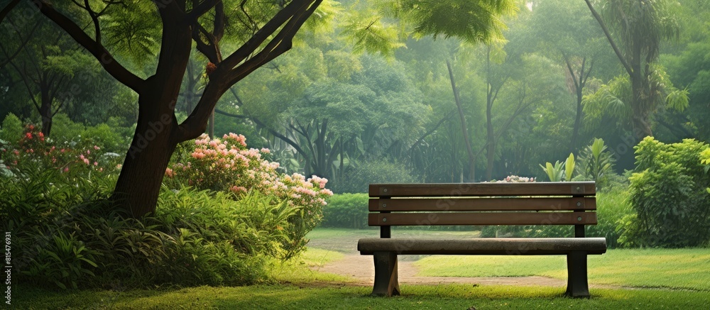 Poster a beautiful wooden bench surrounded by greenery in a peaceful park perfect for relaxing and enjoying