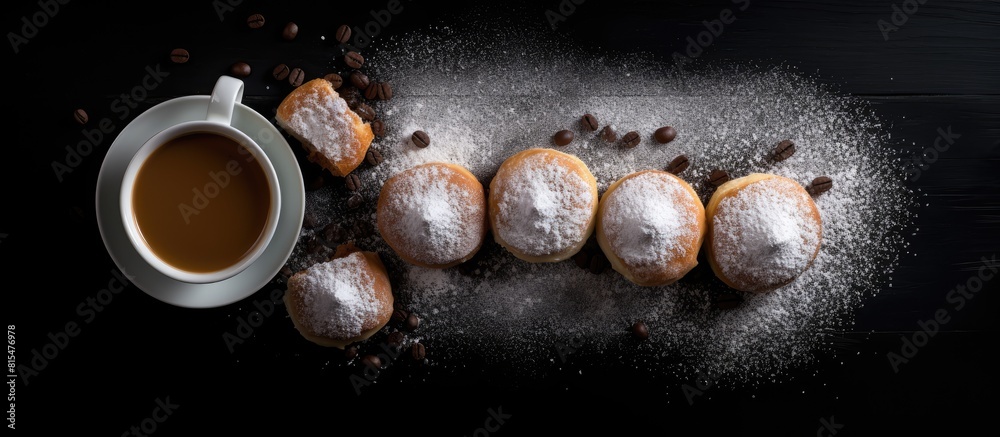 Aufkleber Breakfast with powdered sugar donuts buns and coffee on a black background viewed from the top with ample space for additional images or text