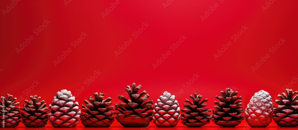 Poster a festive arrangement of pine cones and christmas ornaments displayed on a vibrant red background pe