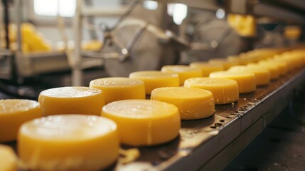 Cheese production, conveyor ,cheese factory. The round cheese is on the shelf. Natural products.