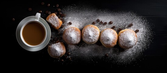 Breakfast with powdered sugar donuts buns and coffee on a black background viewed from the top with ample space for additional images or text