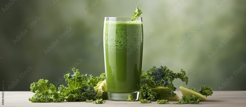 Poster A visually pleasing arrangement featuring a kale smoothie on a grey table designed with ample empty space for text or other elements