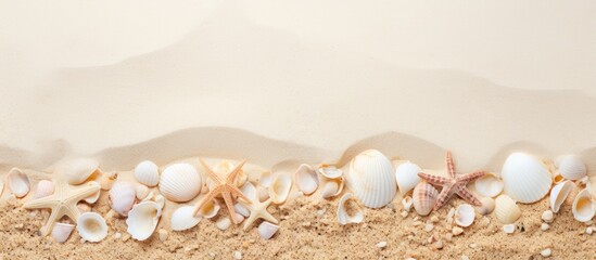 A sandy background adorned with sea shells providing ample room for a copy space image