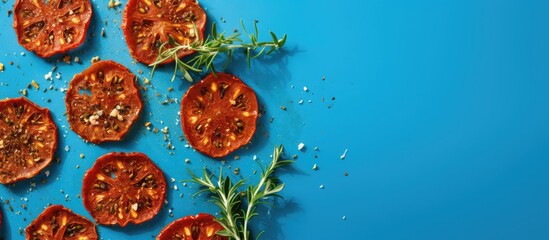 Top view of homemade dehydrated vegetable sun dried tomato slices generously sprinkled with Italian herbs and spices resting on a blue backdrop Ample copy space is available