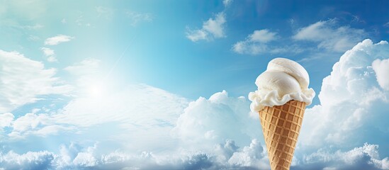 Summer vibes ice cream in a cone against a backdrop of blue skies creating a perfect copy space image