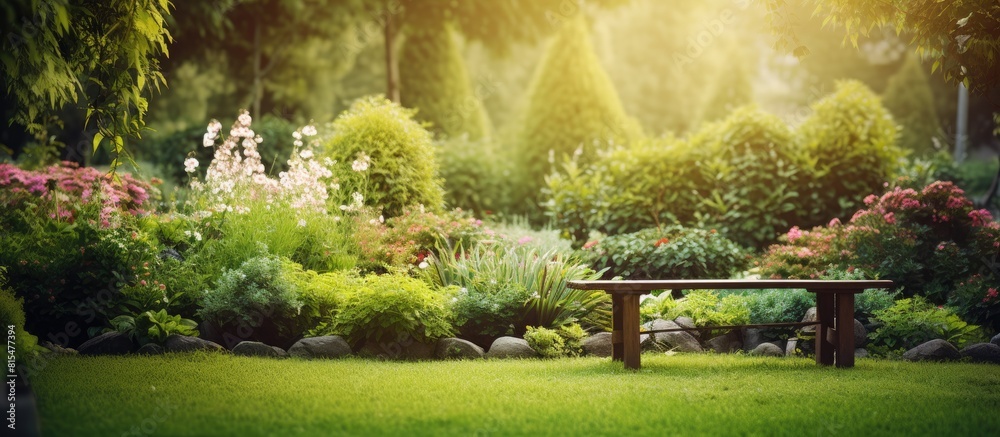 Poster a tranquil garden with lush greenery serves as a picturesque backdrop for this copy space image